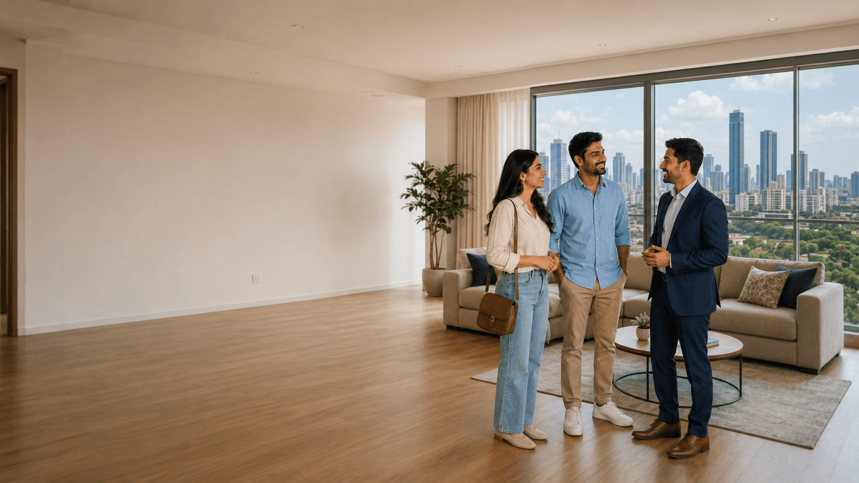 A Value Properties advisor showing an apartment to a young couple, Mumbai skyline visible through the window